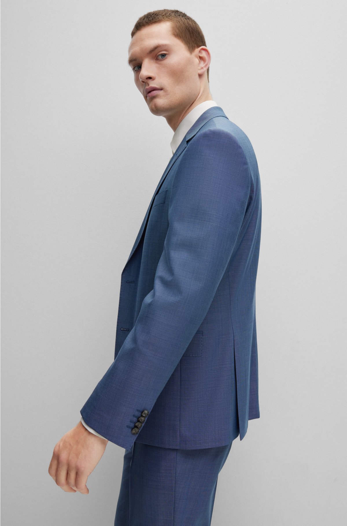 Slim-fit suit in wool, silk and stretch, Light Blue
