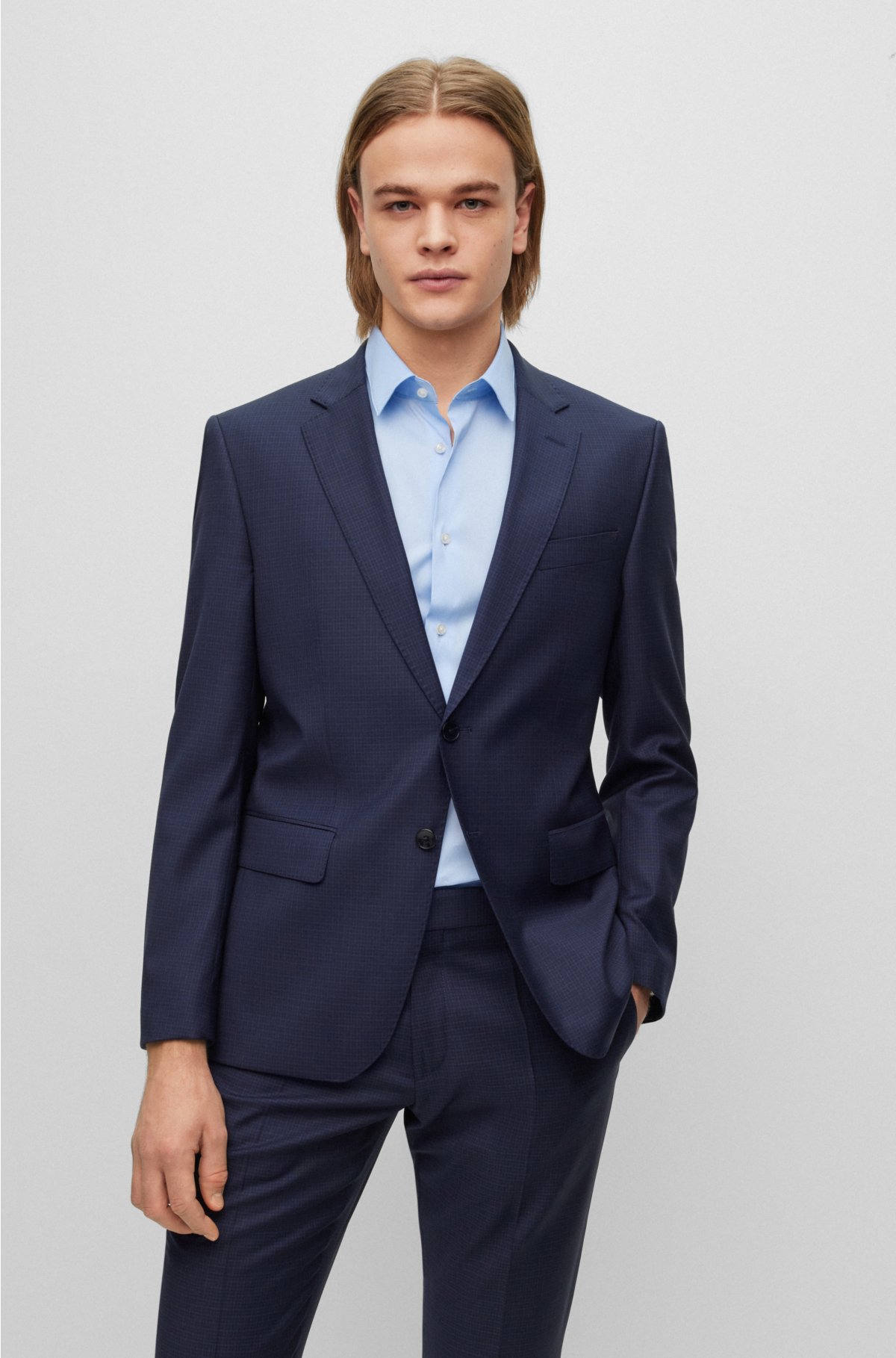 Slim-fit suit in patterned stretch wool, Dark Blue