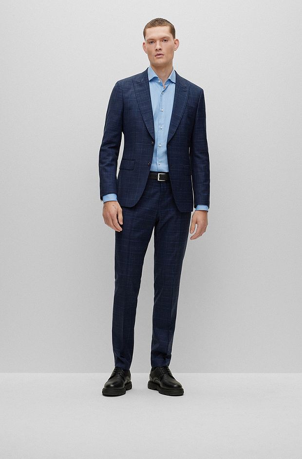 Slim-fit suit in a checked virgin-wool blend, Dark Blue