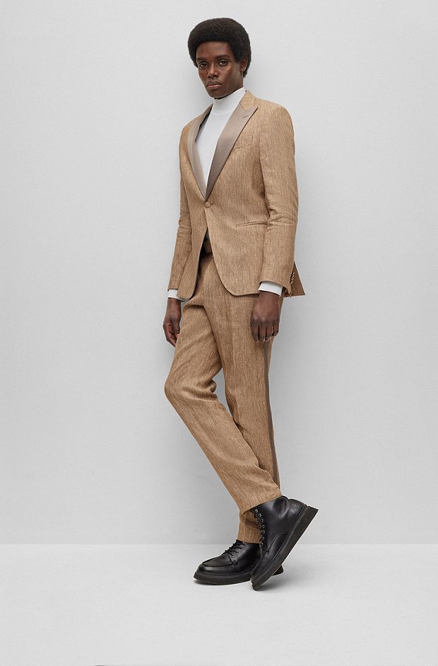 Slim-fit two-piece suit in melange linen, Beige