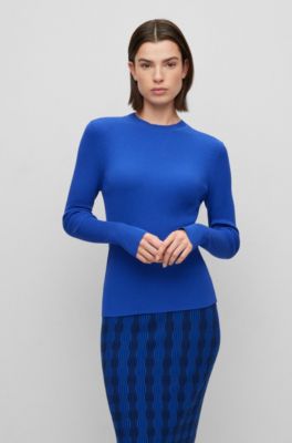 Hugo Boss Crew-neck Ribbed Sweater In Stretch Fabric In Blue