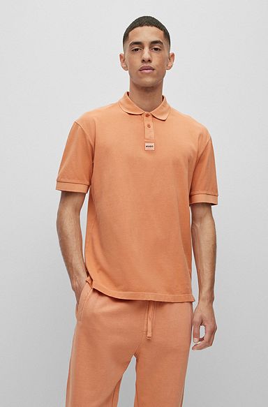 Cotton-piqué polo shirt with logo label, Light Orange