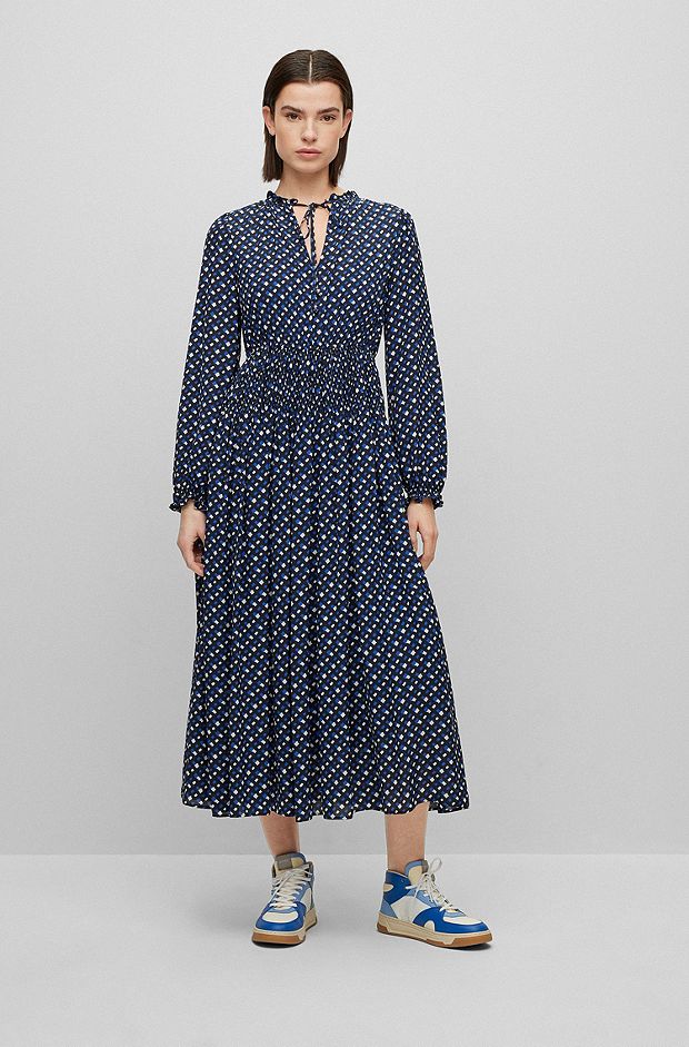 Long-sleeved monogram-print dress with tie neckline, Patterned