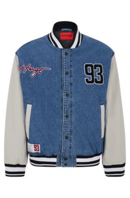 HUGO - Signature-trim denim varsity jacket with contrast sleeves