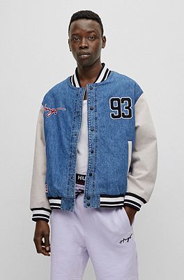 HUGO Signature trim denim varsity jacket with contrast sleeves