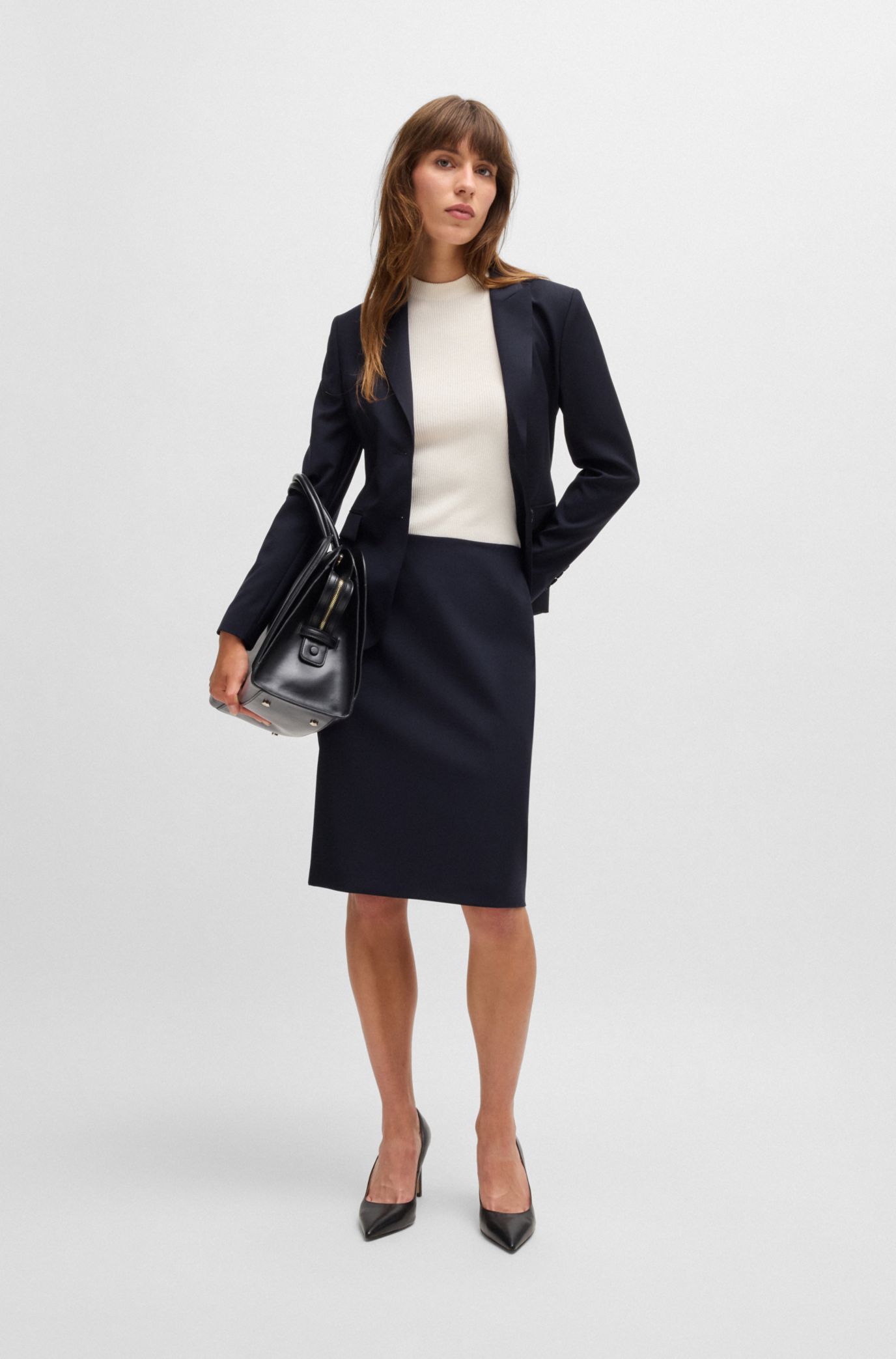 BOSS - Slim-fit A-line skirt in checked virgin wool