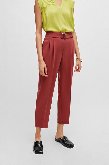 Regular-fit cropped trousers in crease-resistant crepe, Dark Red