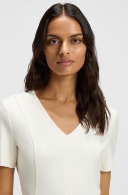 Robe en tissu stretch &agrave; col&nbsp;V, Blanc