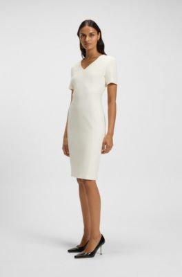 V-neck business dress with seam details, White