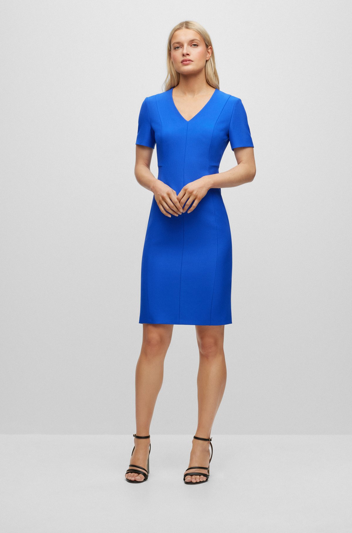 V-neck business dress with short sleeves, Blue