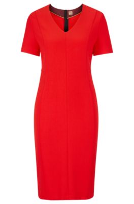 Hugo Boss V-neck Business Dress With Short Sleeves In Light Red