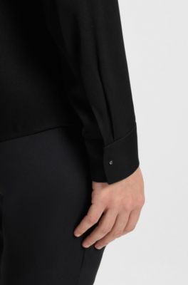 Blusa con cuello fruncido en crep&eacute; de China de seda el&aacute;stica, Negro