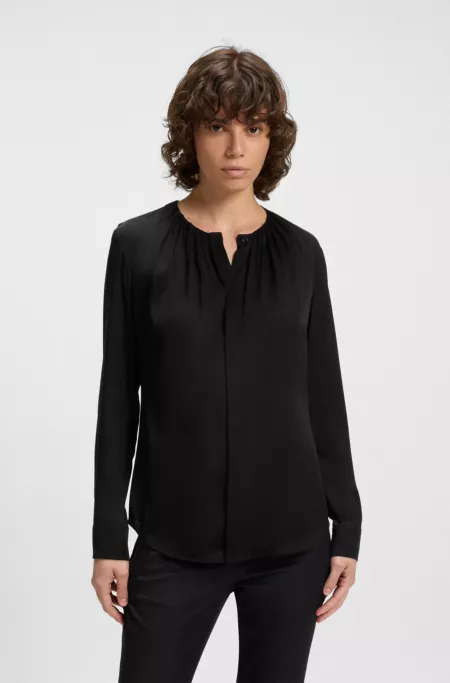 Ruched-neck blouse in stretch-silk crepe de Chine