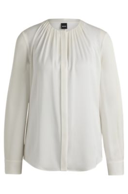 Shop Hugo Boss Ruched-neck Blouse In Stretch-silk Crepe De Chine In White