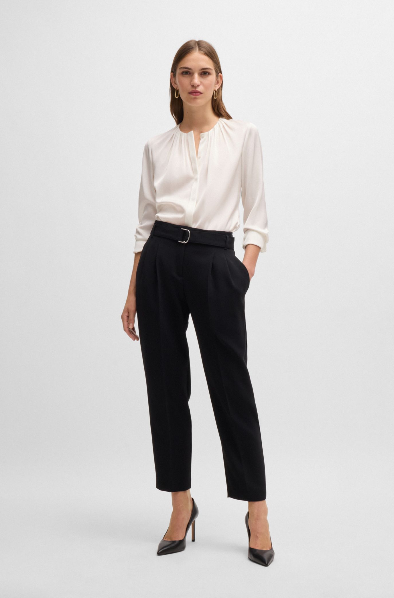 BOSS - Ruched-neck blouse in stretch-silk crepe de Chine