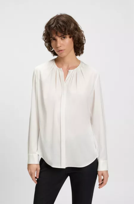 Ruched-neck blouse in stretch-silk crepe de Chine