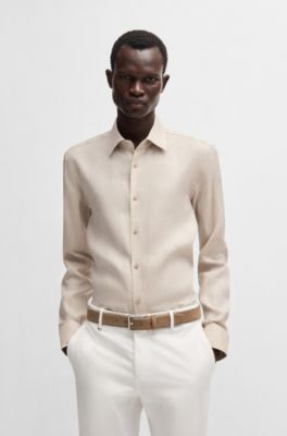 Camisa slim fit en lino italiano, Beige claro