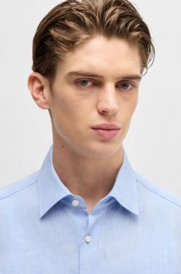 Slim-fit shirt in Italian-made linen, Light Blue
