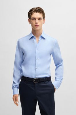 Slim-fit shirt in Italian-made linen, Light Blue