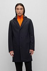 Relaxed-fit coat with contrast hood in performance stretch, Black