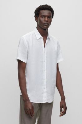Hugo Boss Slim-fit Short-sleeved Shirt In Stretch-linen Chambray In White