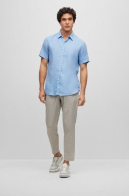 BOSS - Chemise Slim Fit à manches courtes en chambray de lin stretch