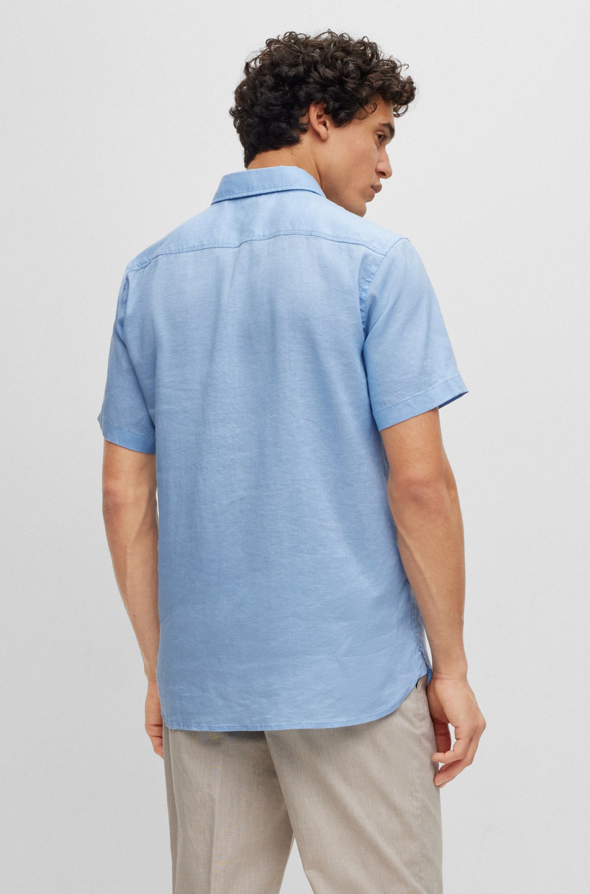 BOSS - Slim-fit short-sleeved shirt in stretch-linen chambray