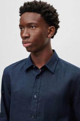 BOSS Camisa slim fit en cambray de lino elástico