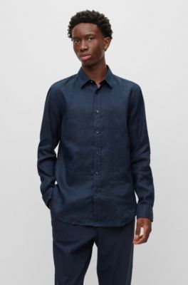 Hugo Boss Slim-fit Shirt In Stretch-linen Chambray In Dark Blue