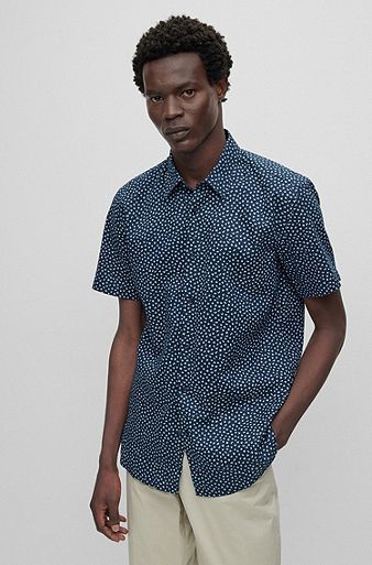 Slim-fit shirt in printed stretch linen, Dark Blue