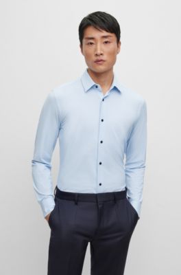 Hugo Boss Slim-fit Shirt In Structured Italian Performance-stretch Jersey In Light Blue