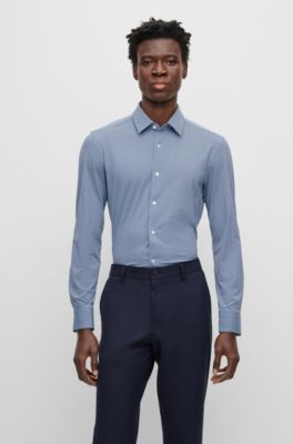 Shop Hugo Boss Slim-fit Shirt In Patterned Italian Performance-stretch Fabric In Dark Blue