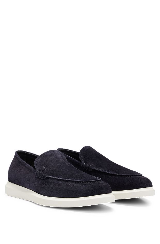 Suede slip-on loafers with logo detail, Dark Blue