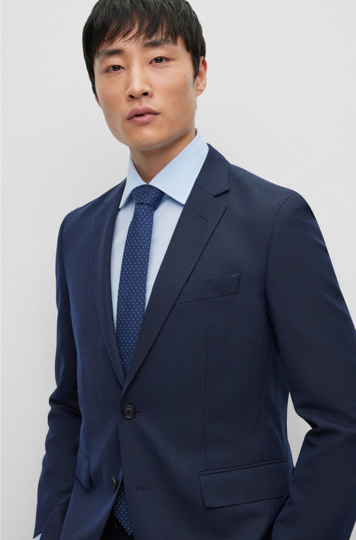 Slim-fit suit in micro-patterned performance-stretch cloth, Dark Blue