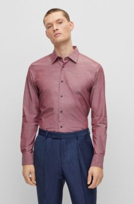 Hugo Boss Slim-fit Shirt In Cotton Chambray In Dark Red