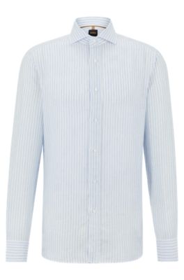 BOSS Slim fit spread collar shirt in striped linen