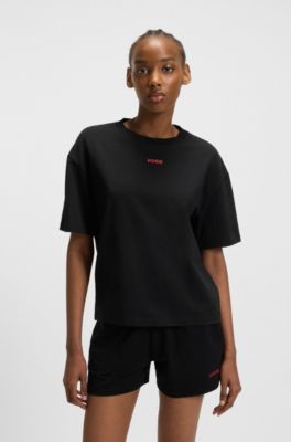 Camiseta relaxed fit de punto suave con logotipo en contraste, Negro