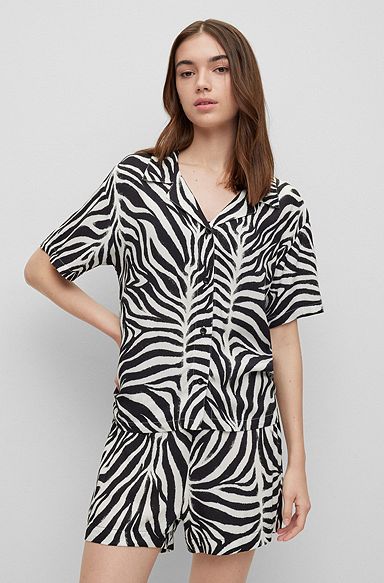 Relaxed-fit pajama shirt in zebra-print gabardine, White