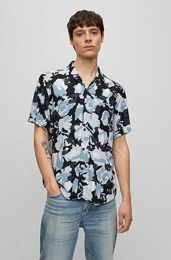 Relaxed-fit shirt in floral-print poplin, Light Blue