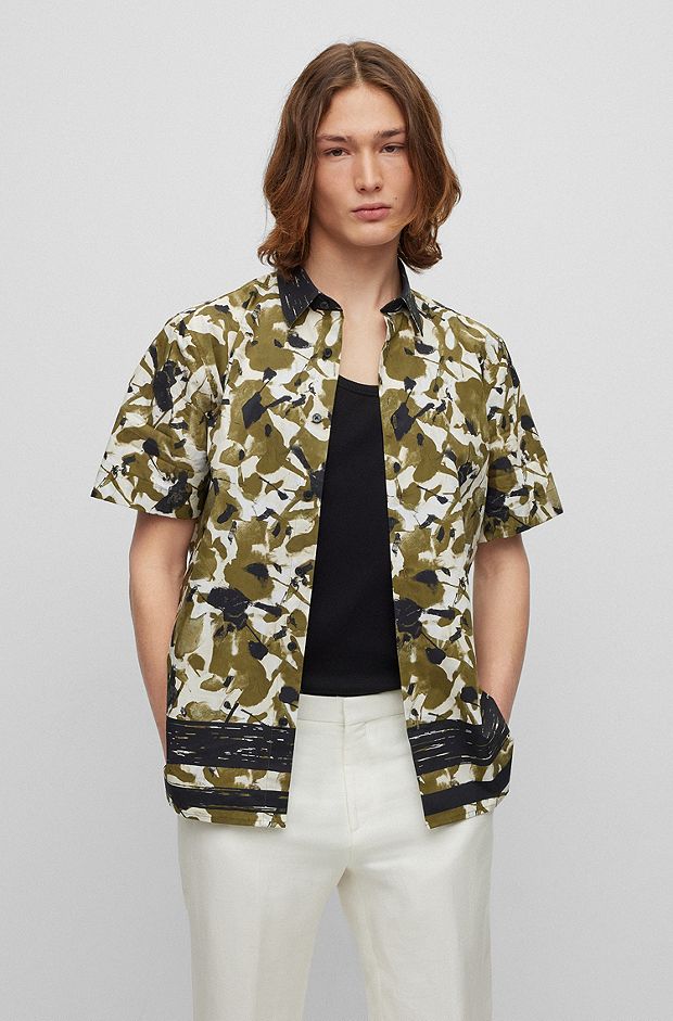 Relaxed-fit shirt in abstract floral-print cotton poplin, Light Green