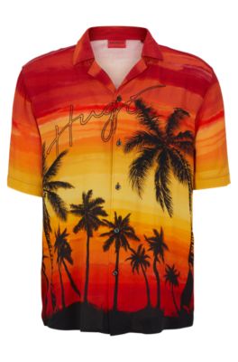 HUGO - Relaxed-fit shirt with palm print and handwritten logo