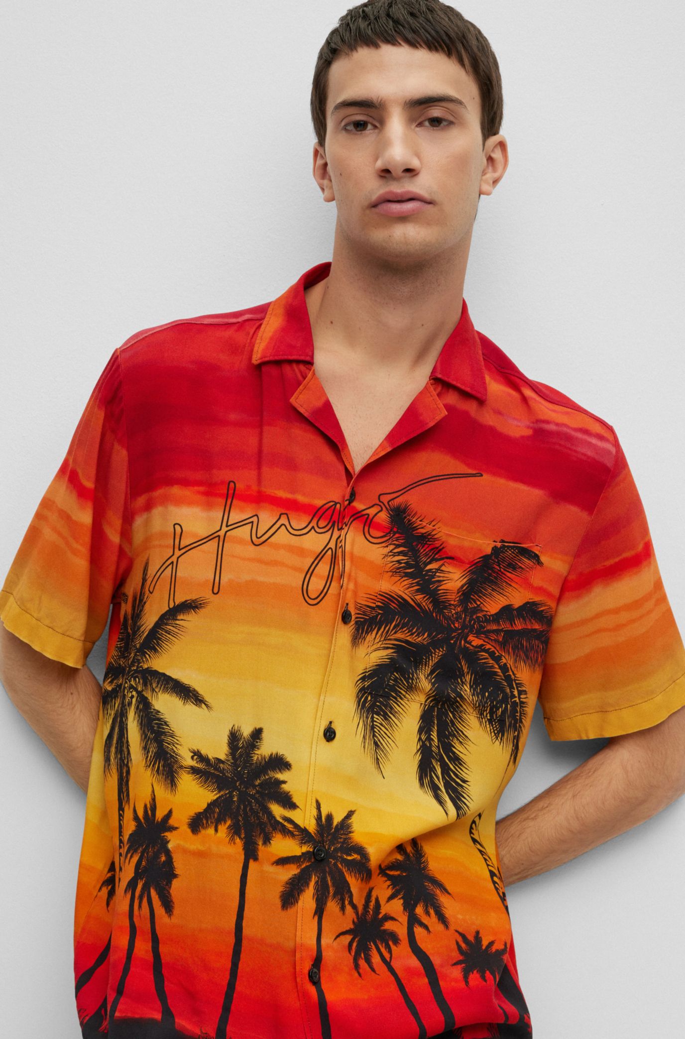 HUGO - Relaxed-fit shirt with palm print and handwritten logo