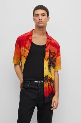 Hugo Relaxed-fit Shirt With Palm Print And Handwritten Logo In Patterned