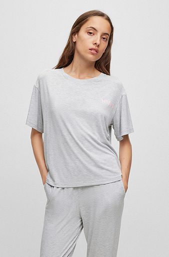 Relaxed-fit pajama T-shirt with printed logo, Grey
