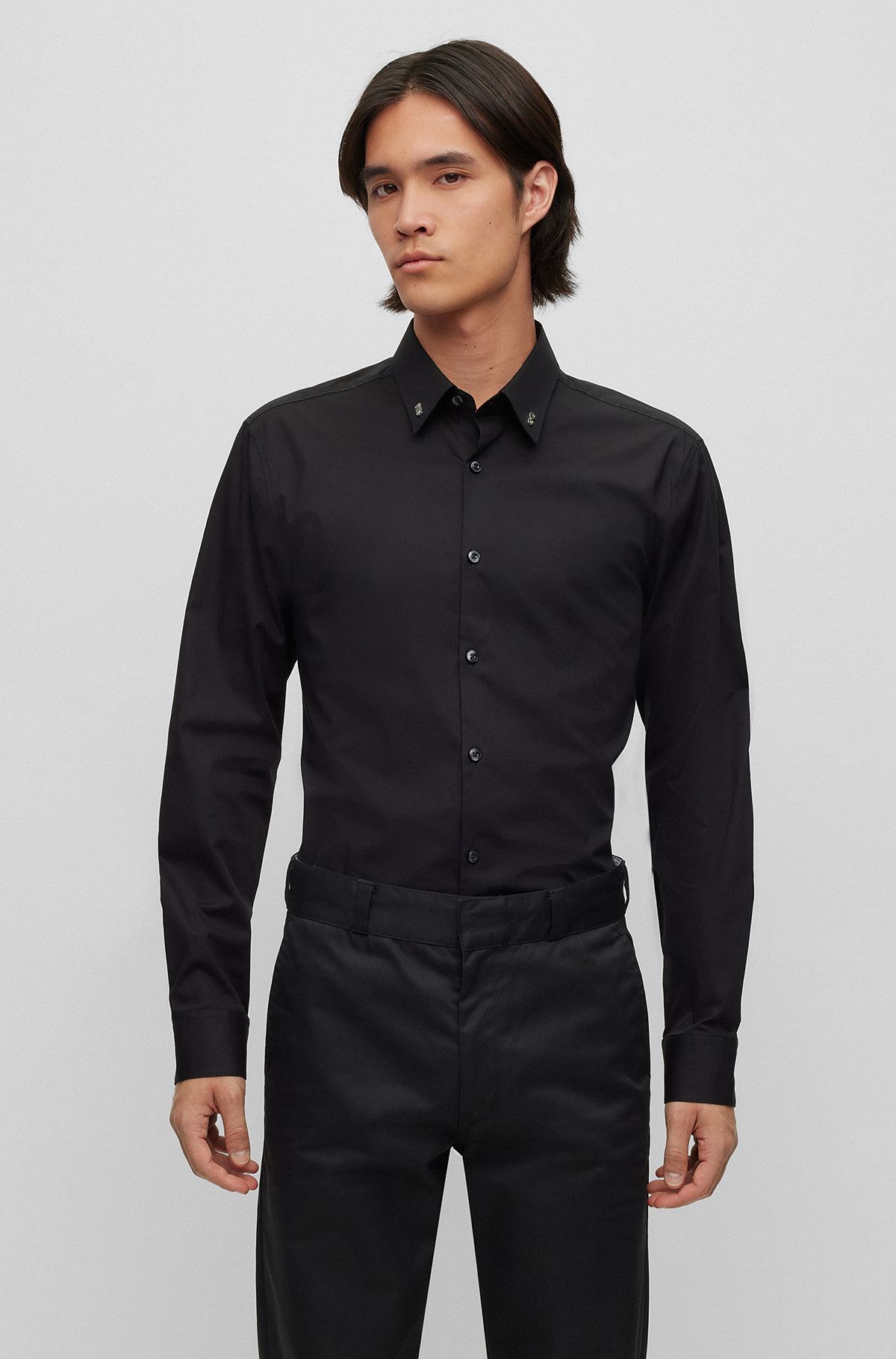 Slim-fit shirt in stretch cotton with logo hardware, Black