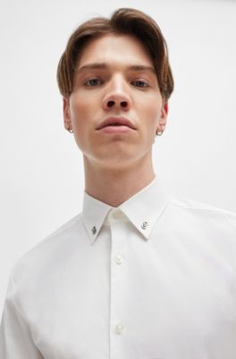 Camisa slim fit de algod&oacute;n el&aacute;stico y herrajes con logo, Blanco