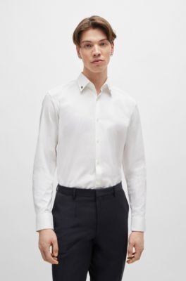 Hugo Slim-fit Shirt In Stretch Cotton With Metallic Logo In White