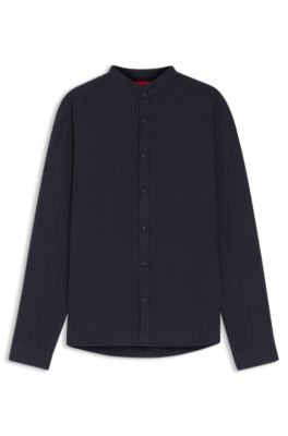 Camisa slim fit en lona de lino, Azul oscuro