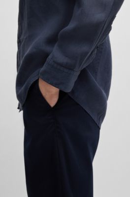 Camisa slim fit en lona de lino, Azul oscuro