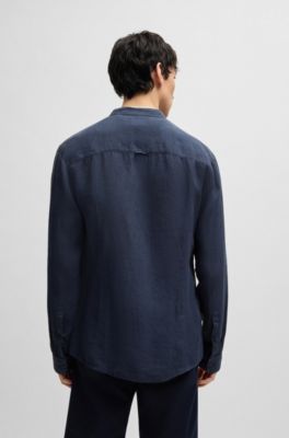 Camisa slim fit en lona de lino, Azul oscuro